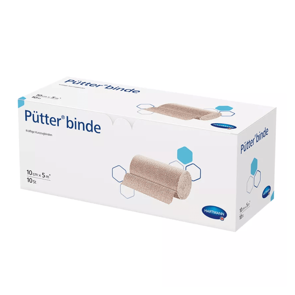 A box of compression bandages from the Hartmann Pütter-Verband® labeled in white and blue, with dimensions and an image of the bandage. The text includes the brand name Paul Hartmann AG and product specifications.