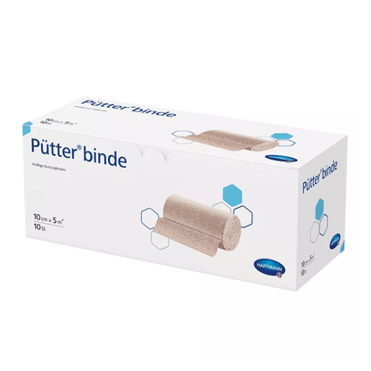 A box of compression bandages from the Hartmann Pütter-Verband® labeled in white and blue, with dimensions and an image of the bandage. The text includes the brand name Paul Hartmann AG and product specifications.