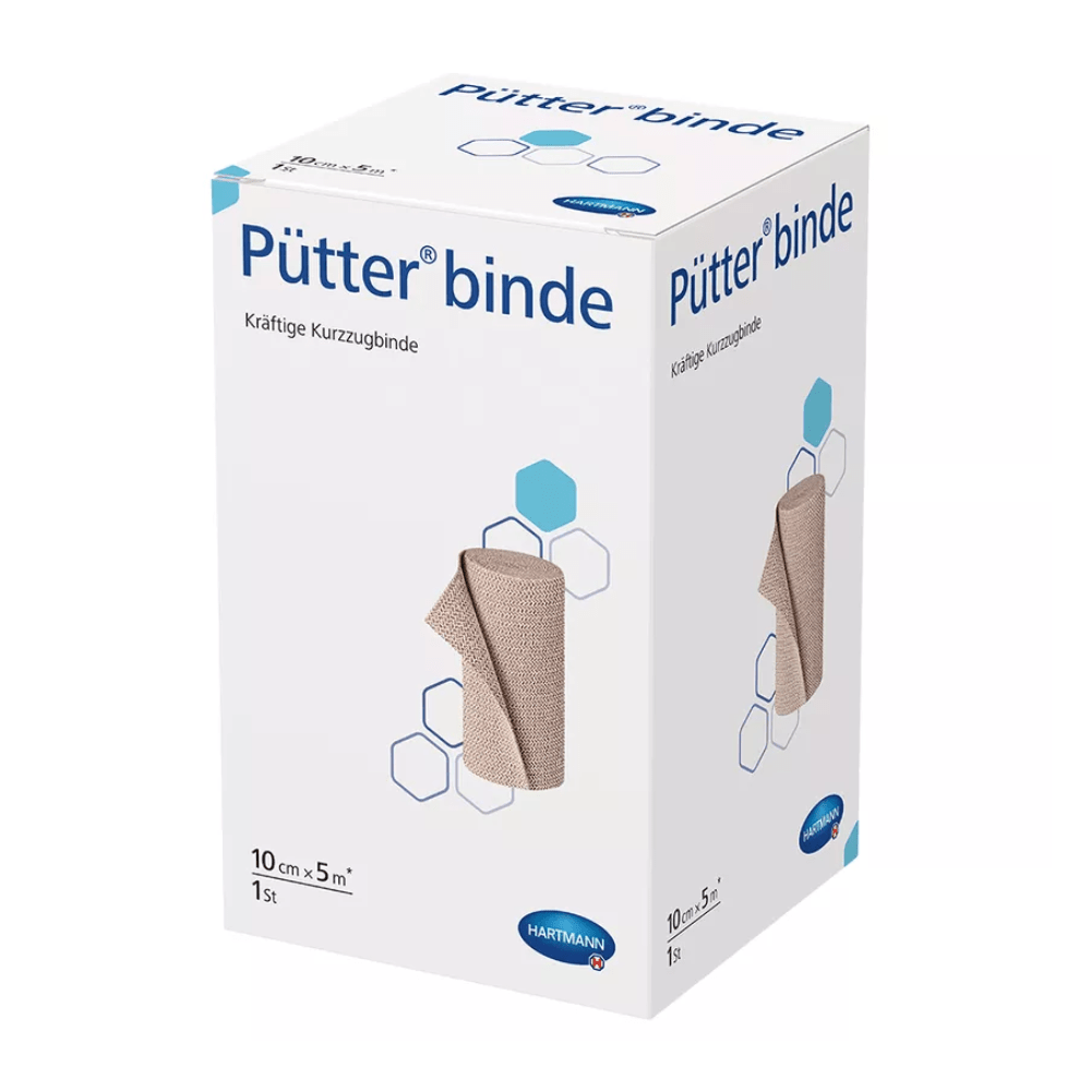 A box of short-stretch bandages from the Hartmann Pütter-Verband® brand with images of the bandage and hexagonal graphics, predominantly in the colors white and blue. The text highlights the product size.