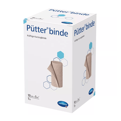 A box of short-stretch bandages from the Hartmann Pütter-Verband® brand with images of the bandage and hexagonal graphics, predominantly in the colors white and blue. The text highlights the product size.