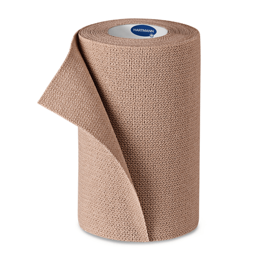 A roll of beige, knitted elastic bandage with the brand label 'Paul Hartmann AG' on the inner blue core, isolated against a white background.