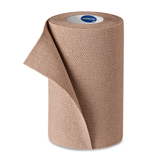A roll of beige, knitted elastic bandage with the brand label "Paul Hartmann AG" on the inner blue core, isolated against a white background.