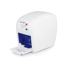 A stylish, white, box-shaped Hartmann Pur-Zellin® box with a blue interior features a small pull-out compartment labeled "Close". The top is adorned with the brand name "Paul Hartmann AG", hexagonal patterns, and a red drop symbol. This elegant item is ideal for the efficient dispensing of cellulose swabs.