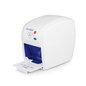A stylish, white, box-shaped Hartmann Pur-Zellin® box with a blue interior features a small pull-out compartment labeled "Close". The top is adorned with the brand name "Paul Hartmann AG", hexagonal patterns, and a red drop symbol. This elegant item is ideal for the efficient dispensing of cellulose swabs.