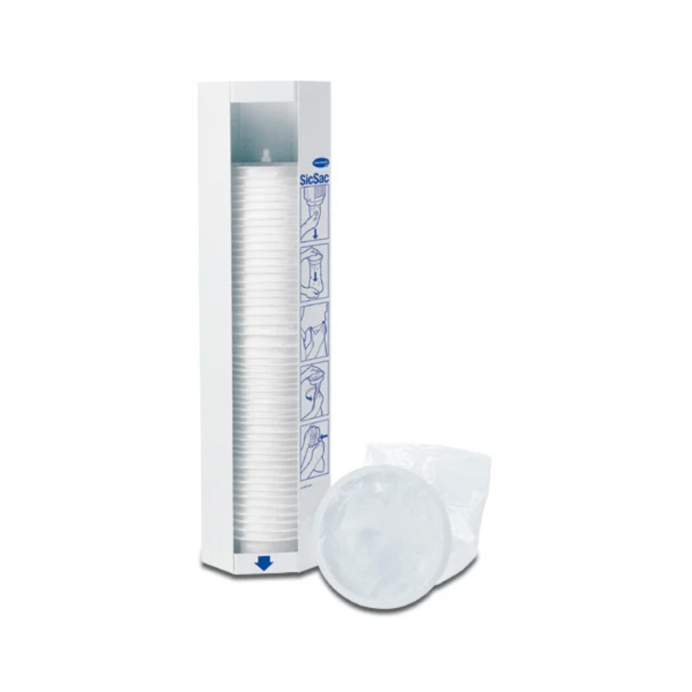 A vertical package with white sanitary pads. At the top, next to six blue symbols, the brand name Paul Hartmann AG can be seen. In front, there is a single sanitary pad and its plastic packaging placed.
