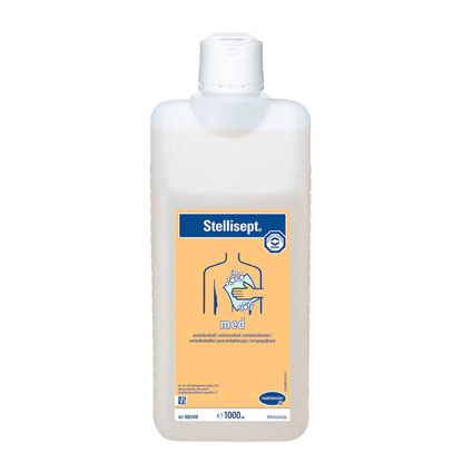 A white plastic bottle labeled "Hartmann Stellisept® med" with a blue-yellow label identifies it as an antimicrobial wash lotion for hygienic body washing.