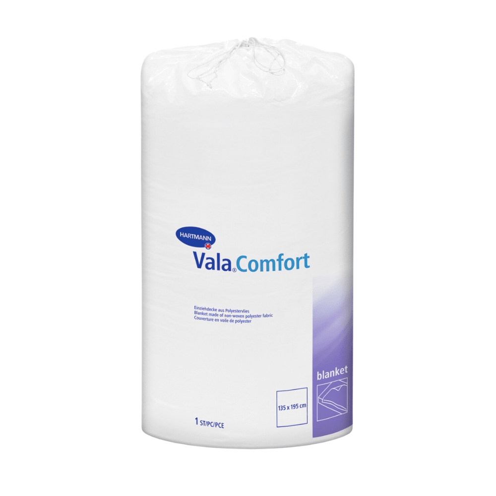 A sealed white roll of Hartmann Vala®Comfort draw sheets from Paul Hartmann AG, depicted on a white background. The label shows product details and dimensions (155 x 210 cm).