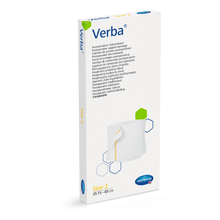 A box of sterile wound dressings from the brand Hartmann Verba by Paul Hartmann AG, size 7.5 cm x 5 cm, with multilingual product information on the side. The packaging is white with.