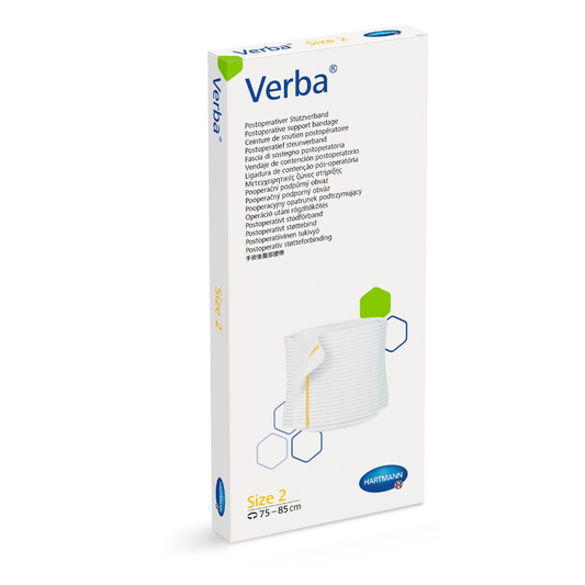 A box of sterile wound dressings from the brand Hartmann Verba by Paul Hartmann AG, size 7.5 cm x 5 cm, with multilingual product information on the side. The packaging is white with.