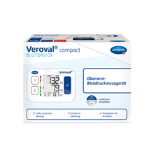 A packaging of the blood pressure monitor Veroval® Compact by Paul Hartmann AG with the device depicted on the packaging, showing a digital display of blood pressure values. The text is in German and emphasizes safety and precision.