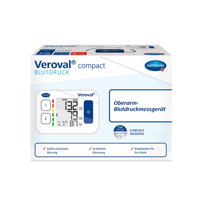 A packaging of the blood pressure monitor Veroval® Compact by Paul Hartmann AG with the device depicted on the packaging, showing a digital display of blood pressure values. The text is in German and emphasizes safety and precision.