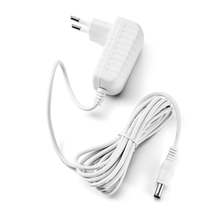 The Paul Hartmann AG Veroval AC/DC Adapter P1 features a white, two-pin plug on the left and a long, coiled cable with a cylindrical connector on the right. Its ribbed sides provide grip and make it ideal for powering devices like the Veroval upper arm blood pressure monitor.