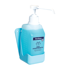 A 2-pack of Hartmann wall holder hands by Paul Hartmann AG, designed for 500 ml bottles, color blue. Includes mounting material for wall installation; suitable for safe and convenient dispenser use.