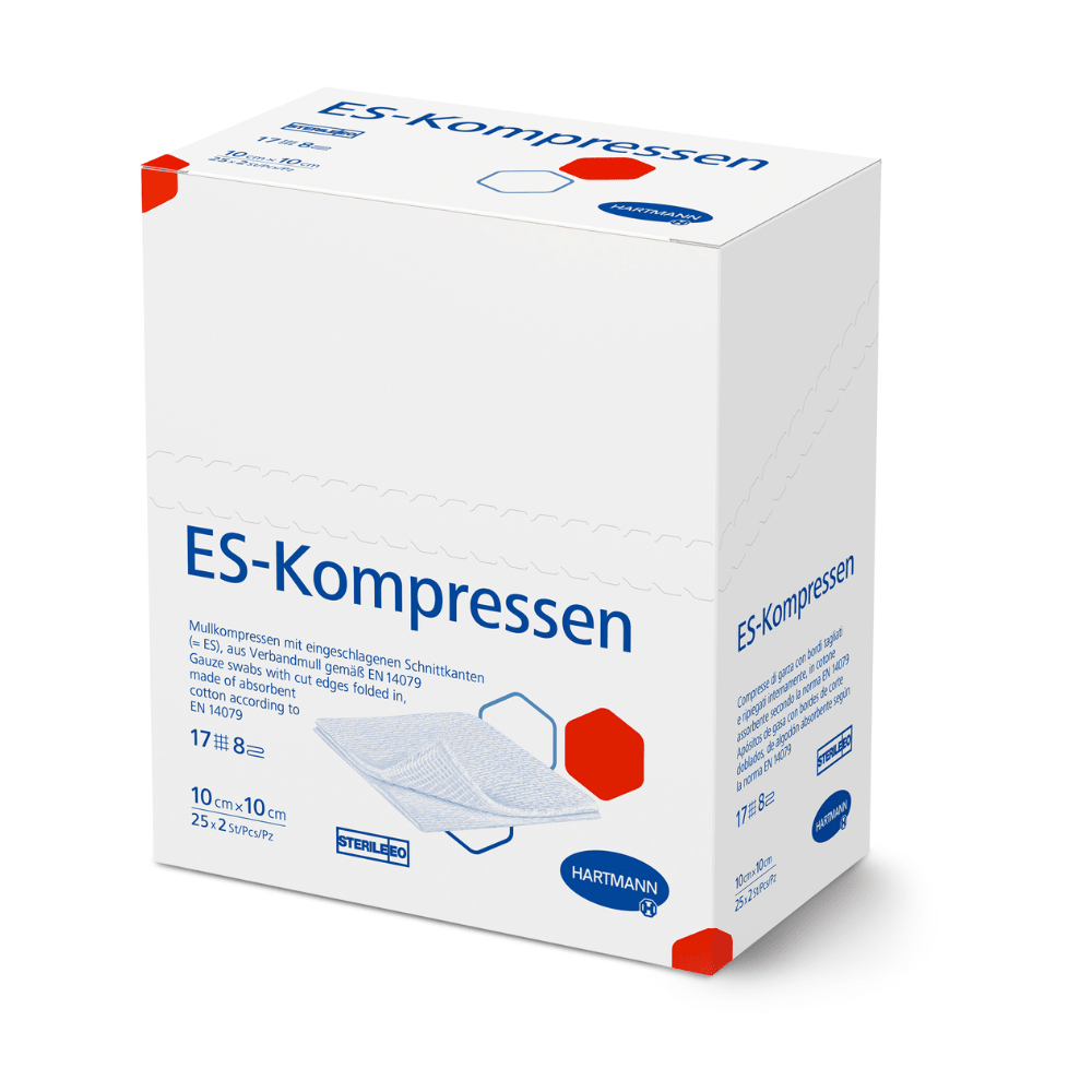 A packaging box from Paul Hartmann AG for sterile compresses of the type Hartmann ES Compresses, prominently displaying text and medical images in blue and white, and containing specific information on product size and quantity.