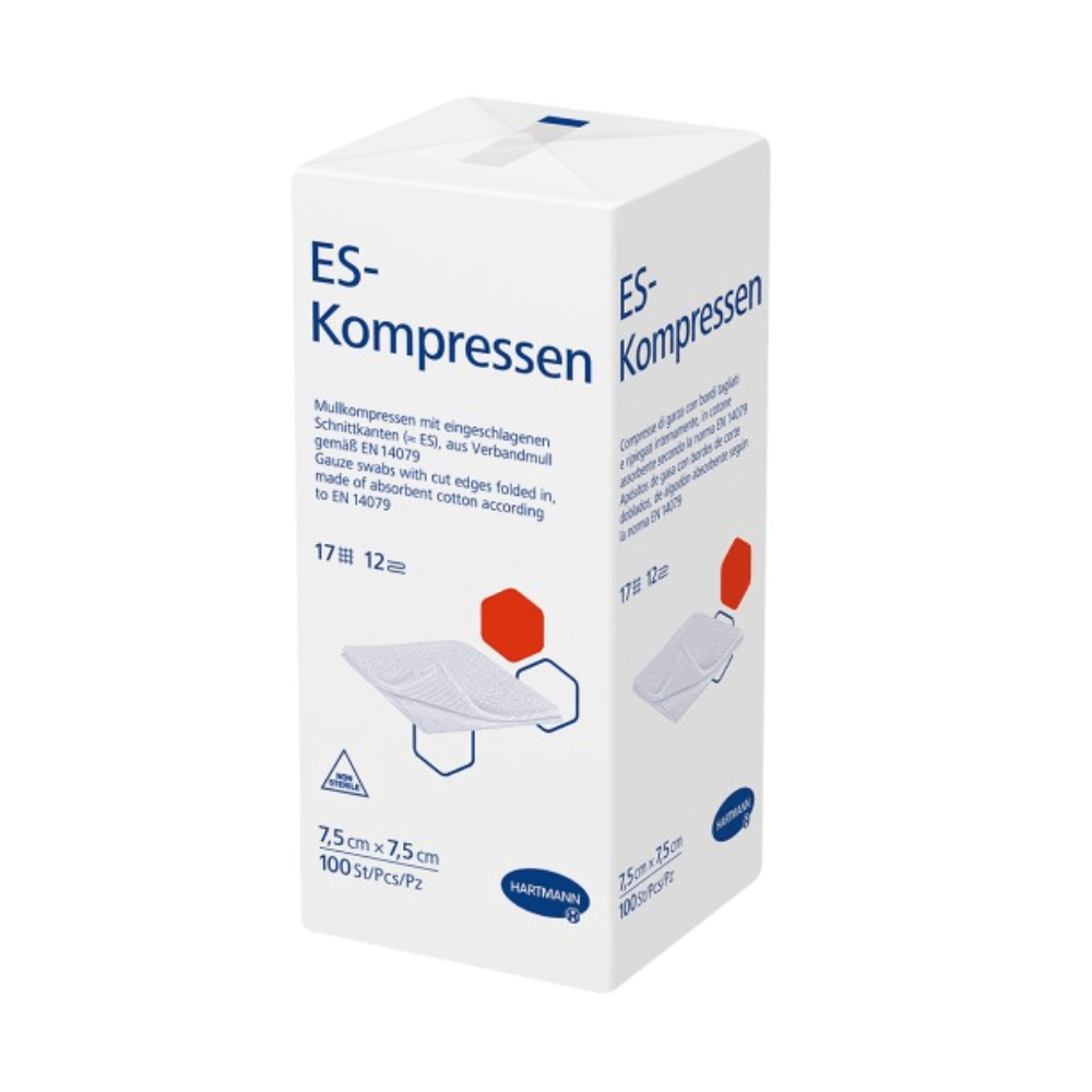 A white box of Hartmann ES compresses gauze compresses from Paul Hartmann AG. On the packaging, there is blue-red text indicating the size (7.5 cm x 7.5 cm).