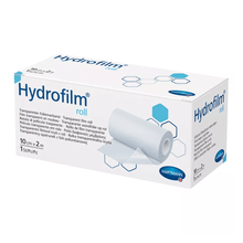 An image of a product package from Hartmann, Hartmann Hydrofilm® roll transparent film dressing by Paul Hartmann AG. The packaging contains descriptions in various languages and shows an image of the film roll.