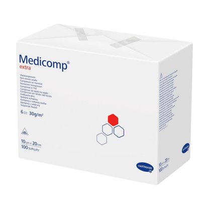 A box of Hartmann Medicomp® extra non-sterile gauze compress - 100 pieces by Paul Hartmann AG, with text and logos predominantly in blue and red on a white background. Sizes and quantities are indicated on the box.