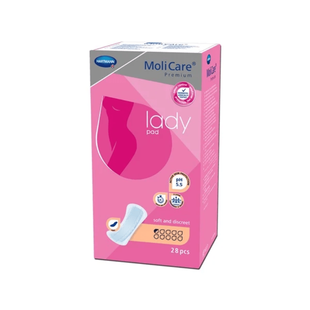 The image shows a pink box of Hartmann MoliCare® Premium Lady Pad inserts. The box is decorated with a stylized female silhouette, bears the note "PH 5.5", and indicates that it contains 28 pieces. Designed for light bladder weakness, the inserts are soft and discreet and carry the Paul Hartmann AG logo in the upper left corner.