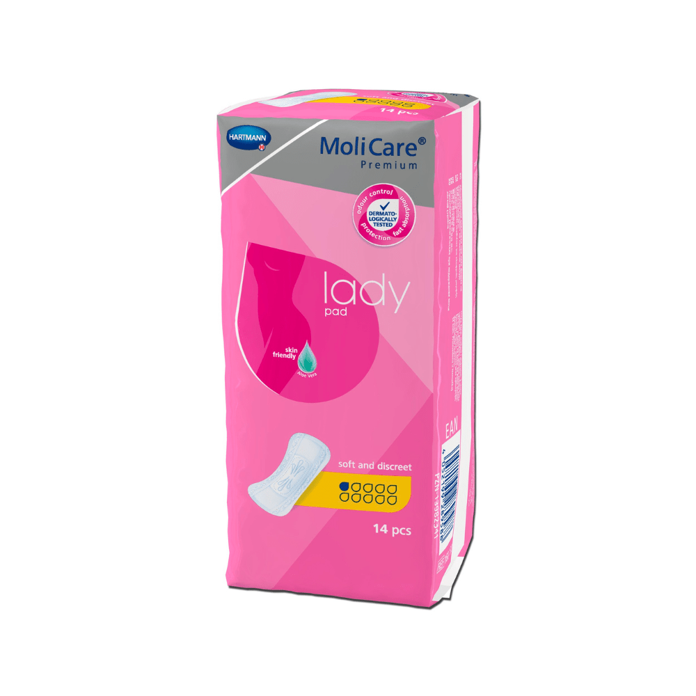 A pink pack of Hartmann MoliCare® Premium lady pad inserts for light bladder weakness. On the front, the brand name Paul Hartmann AG, the product type, a drop image, and an illustration highlighting the soft and discreet nature of the inserts can be seen. The pack contains 14 pieces.