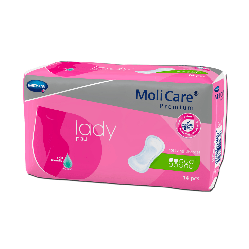 This image shows a pack of Hartmann MoliCare® Premium lady pad inserts. The packaging is pink and gray with white text. The product from Paul Hartmann AG for light bladder weakness is advertised as soft and discreet, skin-friendly, and contains 14 pieces. On the front, there is a small image of a pad.