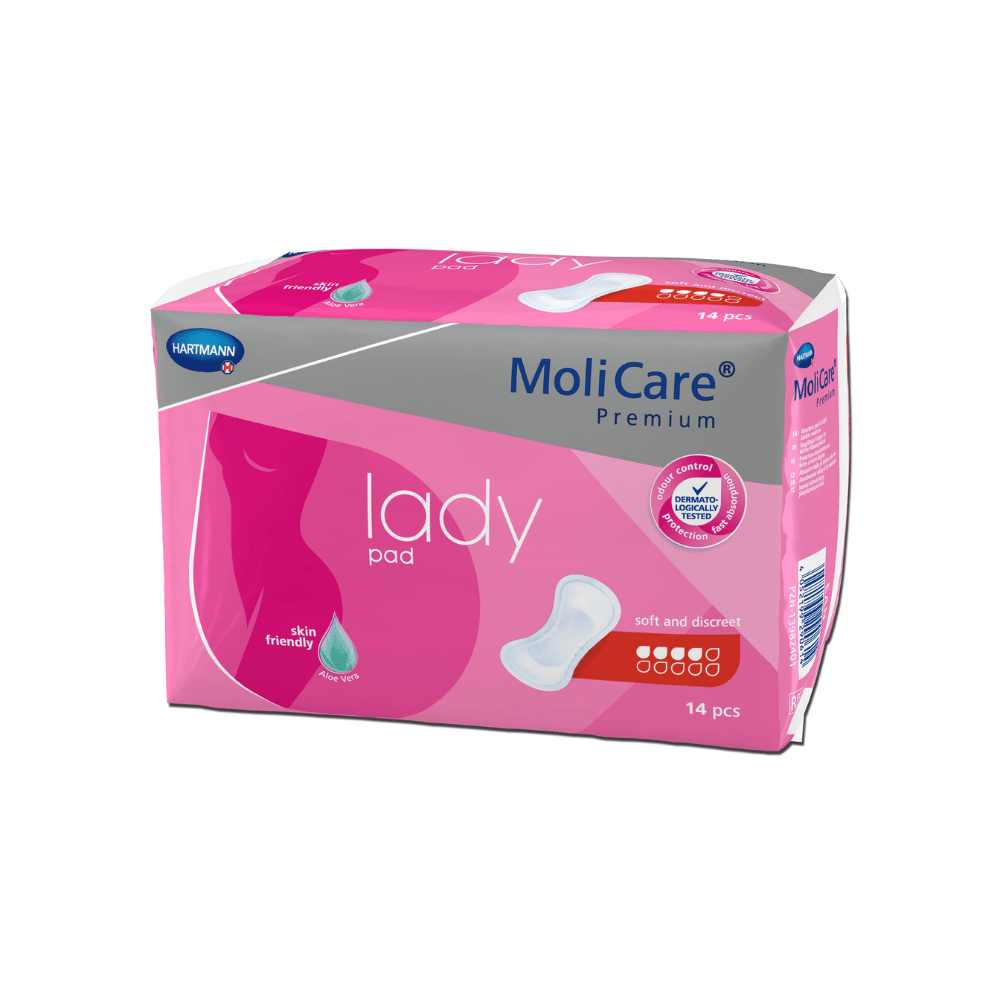 Pictured is a pack of Hartmann MoliCare® Premium Lady Pad inserts. The pink-white packaging shows a female silhouette on the front and contains 14 pads. These lady pads are marked with the Paul Hartmann AG logo and are described as "soft and discreet" and "skin-friendly", perfect for light bladder weakness.