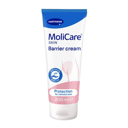 The Hartmann MoliCare Skin Protective Cream 200 ml by Paul Hartmann AG in the blue-white 200 ml tube contains the Nutriskin Protection Complex for pH-neutral, skin-friendly protection and effective regeneration of the intimate area.