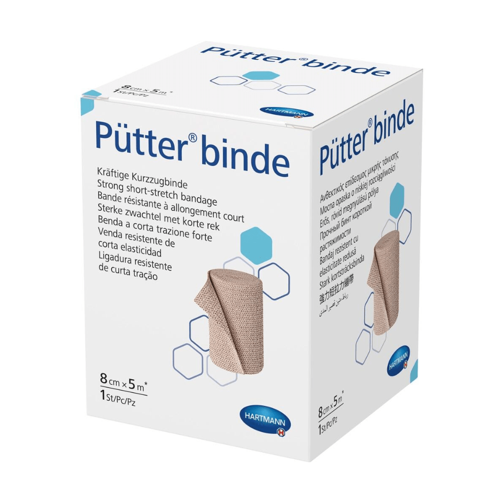 The image shows a box of Hartmann Pütter-Verband short-stretch bandages strong with the dimensions 8 cm x 5 m. The packaging is predominantly white and features text and images illustrating the bandage.