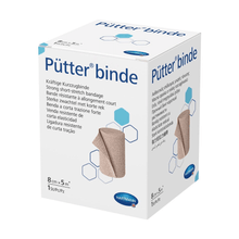 The image shows a box of Hartmann Pütter-Verband short-stretch bandages strong with the dimensions 8 cm x 5 m. The packaging is predominantly white and features text and images illustrating the bandage.