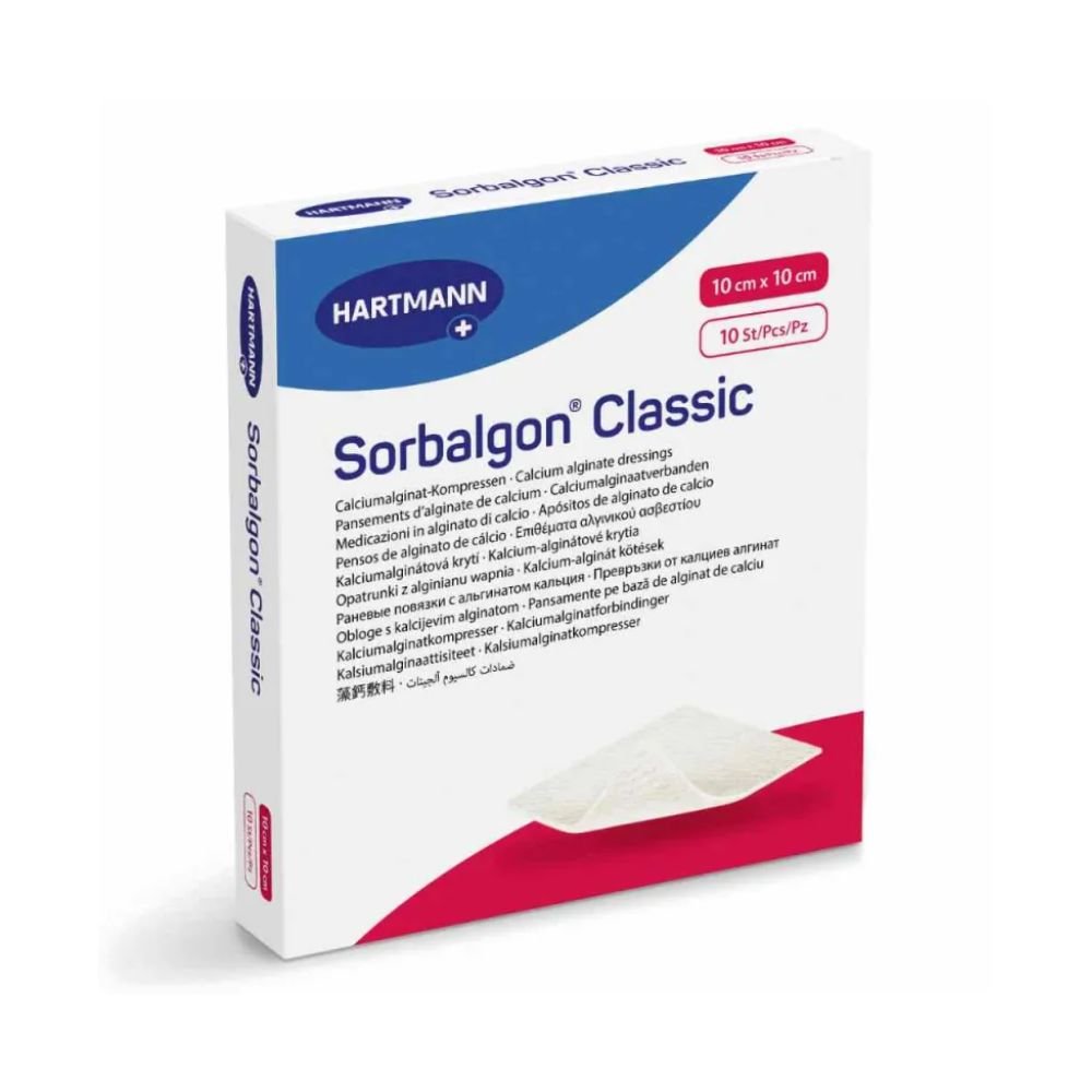Pictured is a package of Hartmann Sorbalgon® Classic Calcium Alginate Compresses from Paul Hartmann AG. The predominantly white packaging with blue and red elements bears the inscription "Calcium Alginate Compresses" and contains 10 compresses with dimensions of 10 cm x 10 cm.