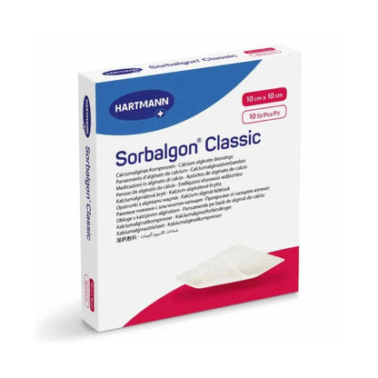 Pictured is a package of Hartmann Sorbalgon® Classic Calcium Alginate Compresses from Paul Hartmann AG. The predominantly white packaging with blue and red elements bears the inscription "Calcium Alginate Compresses" and contains 10 compresses with dimensions of 10 cm x 10 cm.