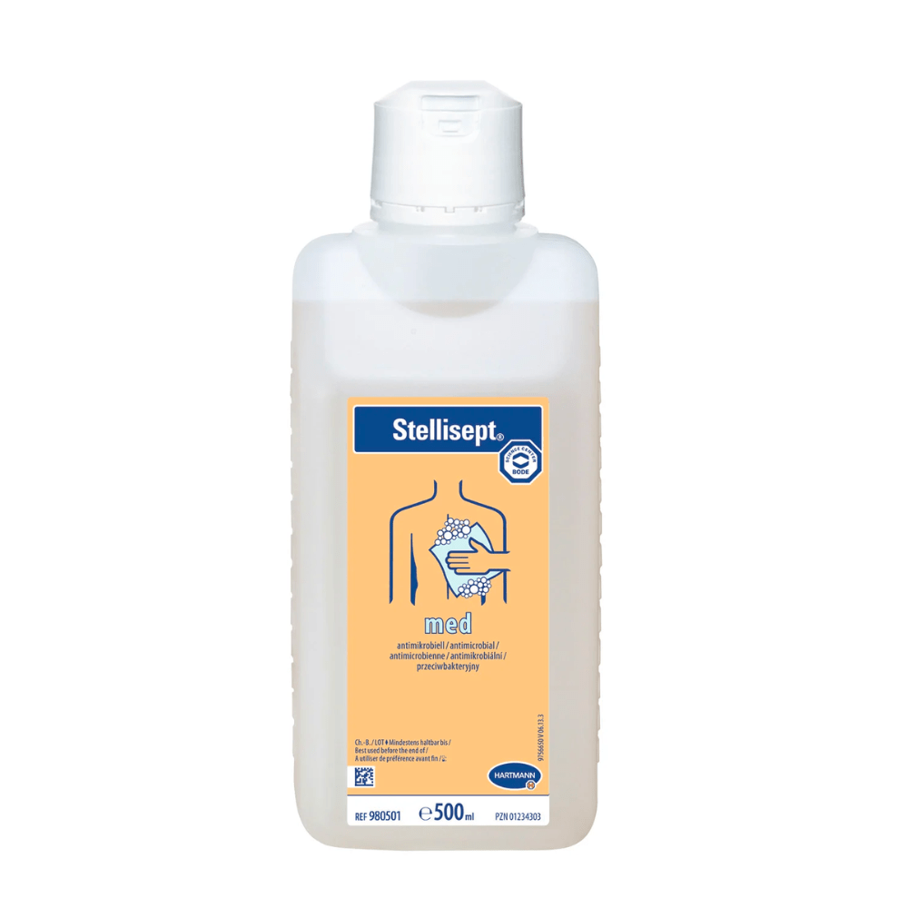 A bottle of antimicrobial hand disinfectant Hartmann Stellisept med with a flip-top cap, labeled in blue and orange, with informative symbols and text highlighting the bactericidal and yeast-effective properties.