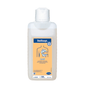 A bottle of antimicrobial hand disinfectant Hartmann Stellisept med with a flip-top cap, labeled in blue and orange, with informative symbols and text highlighting the bactericidal and yeast-effective properties.