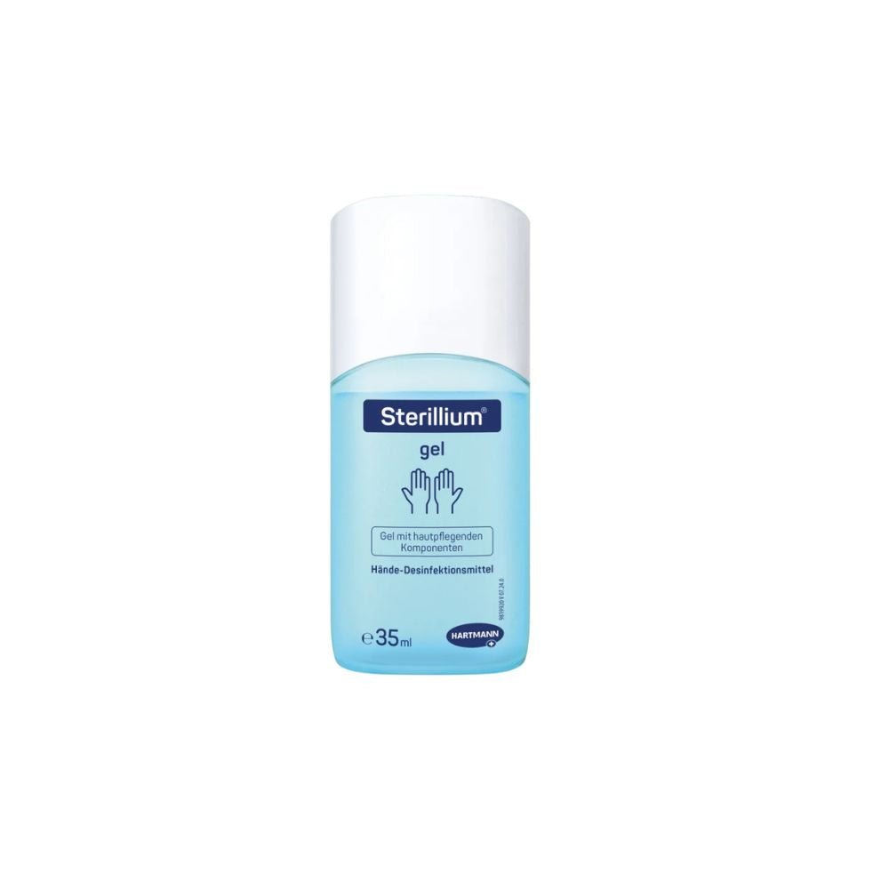 This 35 ml bottle of Hartmann Sterillium® Gel hand disinfectant gel from Paul Hartmann AG has a blue label and a white cap with non-English text and the Hartmann logo with two outlined hands, symbolizing the company's commitment to hygienic hand disinfection.
