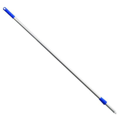 The Haug Alustiel 1450 mm ø 25MM from Haug Bürsten KG is a long, slim broom handle with a blue grip and screw closure, made of light gray anodized aluminum tube. It complies with HACCP standards and can be easily attached to any cleaning head.