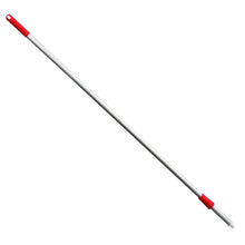 The Haug Alustiel 1450 mm ø 25MM broom handle from Haug Bürsten KG made of anodized aluminum tube has a red tip and a red connection. It features a hanging hole and meets the HACCP standard requirements for safety and quality. It is presented on a white background and is available in various colors.