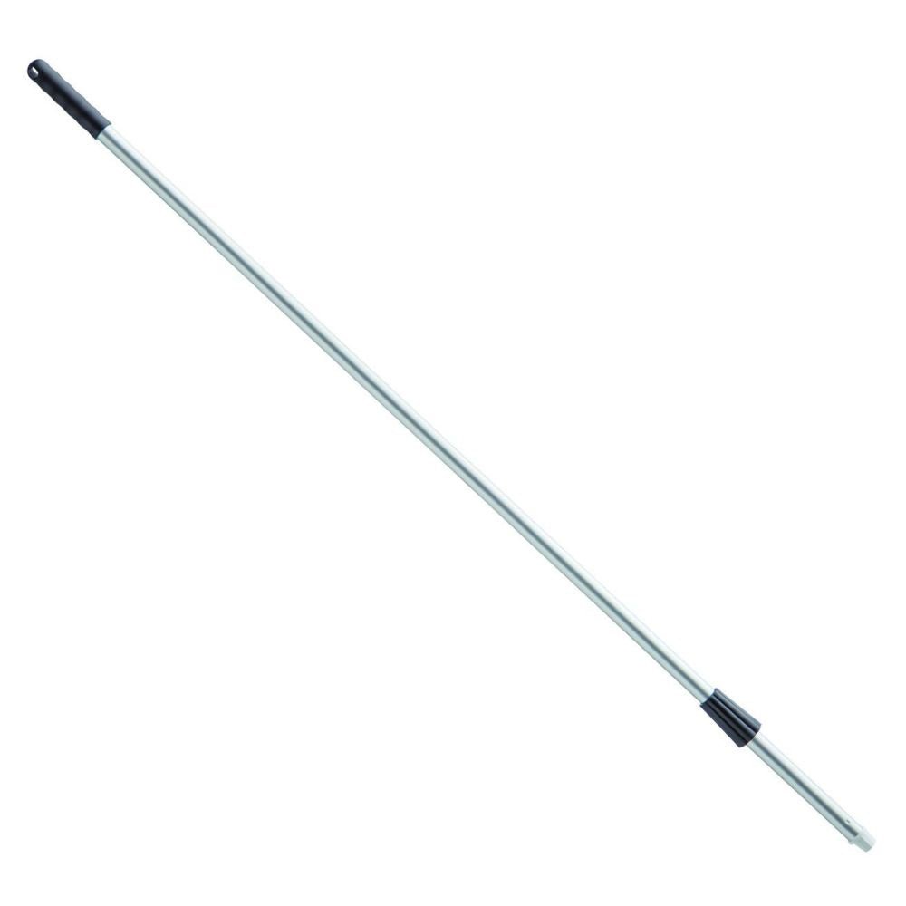 The Haug Bürsten KG Alustiel 1450 mm ø 25MM, long and silver with a black handle, features an anodized aluminum tube with adjustable sections and a secure locking mechanism, adhering to the HACCP standard for safety and quality. Available in various colors.