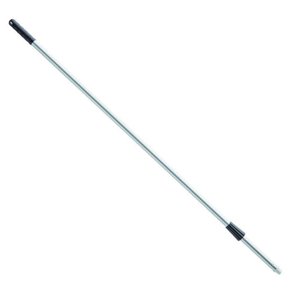 The Haug Bürsten KG Alustiel 1450 mm ø 25MM, long and silver with a black handle, features an anodized aluminum tube with adjustable sections and a secure locking mechanism, adhering to the HACCP standard for safety and quality. Available in various colors.