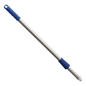 The Haug Alustiel Blue 650 mm from Haug Bürsten KG is a silver, adjustable telescopic rod made of aluminum with a blue ergonomic handle and a blue twist-lock mechanism, presented on a white background.
