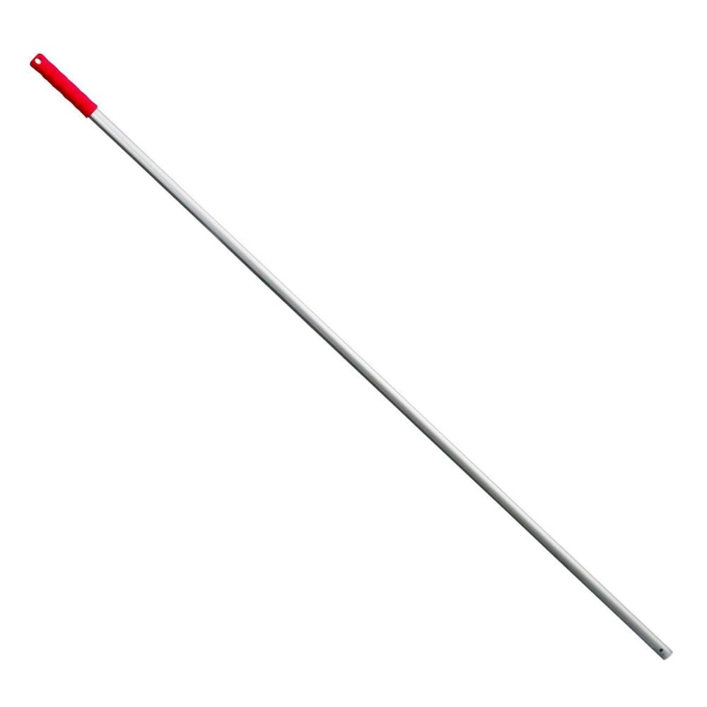 The Haug Bürsten KG aluminum handle, a long, thin tool handle made of aluminum with a red grip and a small hole at the end, is perfect for professional cleaning. It is 1450 mm long, has a diameter of 22 mm, and is delivered as a single piece.