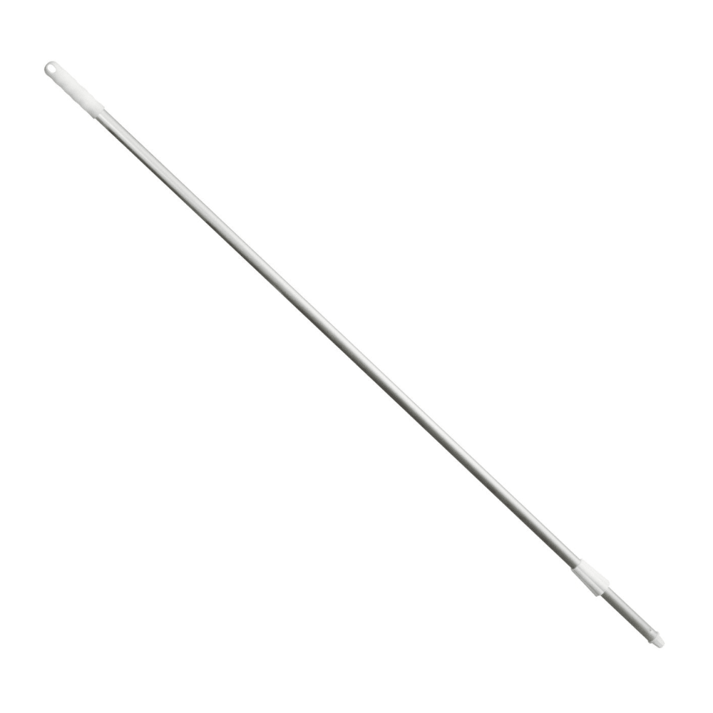 The Haug aluminum handle anodized white with hanging device 1600 mm from Haug Bürsten KG features a white, retractable design with a small loop for hanging at one end and a threaded connection at the other. Its smooth, anodized surface enhances both durability and style, making it an excellent choice for attaching cleaning tools or accessories.