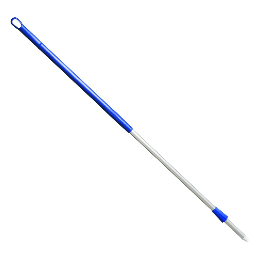 The Haug Bürsten KG aluminum handle with plastic coating 1500 mm ø 32/25 mm, available in various colors, features a loop at the top for hanging and a Haug plug-in system connection at the bottom for attaching a mop head. This lightweight handle, compliant with HACCP hygiene standards, is designed for efficient cleaning purposes.