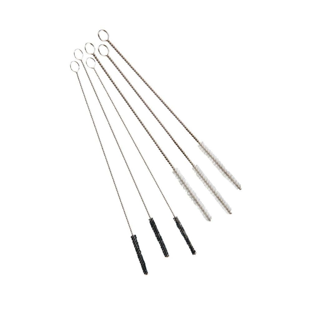 The Haug nozzle brush set with V2A stainless steel 6-piece from Haug Bürsten KG includes five thin cleaning brushes with stainless steel handles and loop ends, with colored bristles: two black, two white, and one gray. Ideal for detailed professional cleaning tasks.