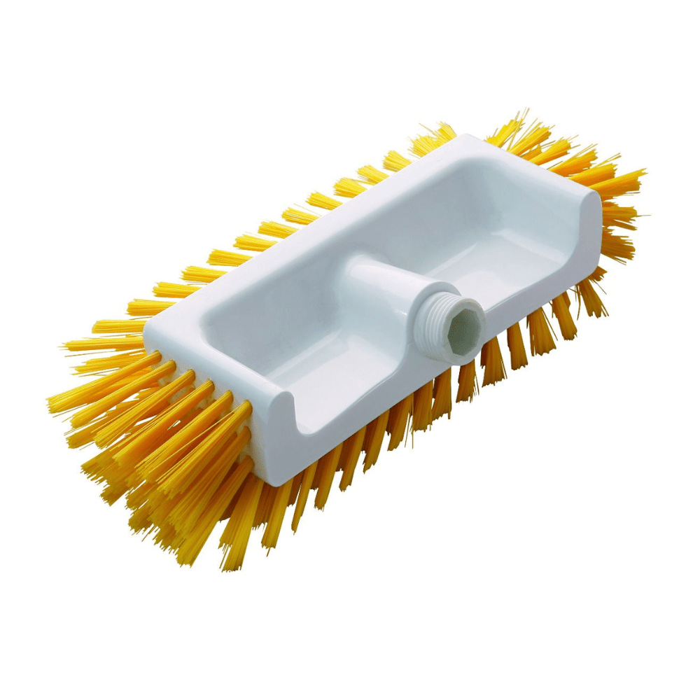 The Haug Bürsten KG corner scrubber PBT medium features a 320 x 125 x 110 mm white plastic base with side stiff yellow PBT bristles and a central threaded socket for handle attachment, making it ideal for professional cleaning.
