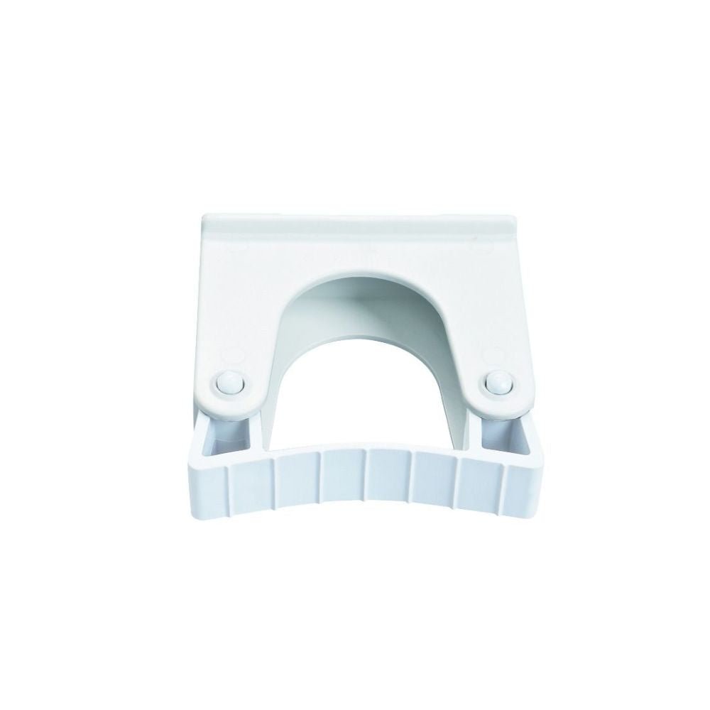 The Haug replacement handle holder 80 x 35 x 75 mm from Haug Bürsten KG is a white plastic holder for professional users. It has a curved, open center, two push buttons on the top, and a ribbed underside - perfect for attaching cleaning equipment.