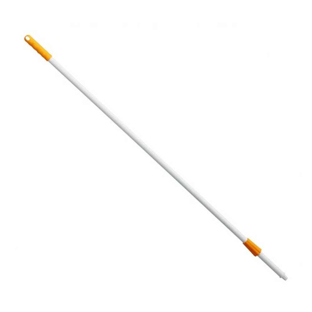 A long, white Haug fiberglass handle with an orange tip and grip is positioned diagonally against a plain white background. This ergonomically designed handle from Haug Bürsten KG features a hole at the top for hanging.