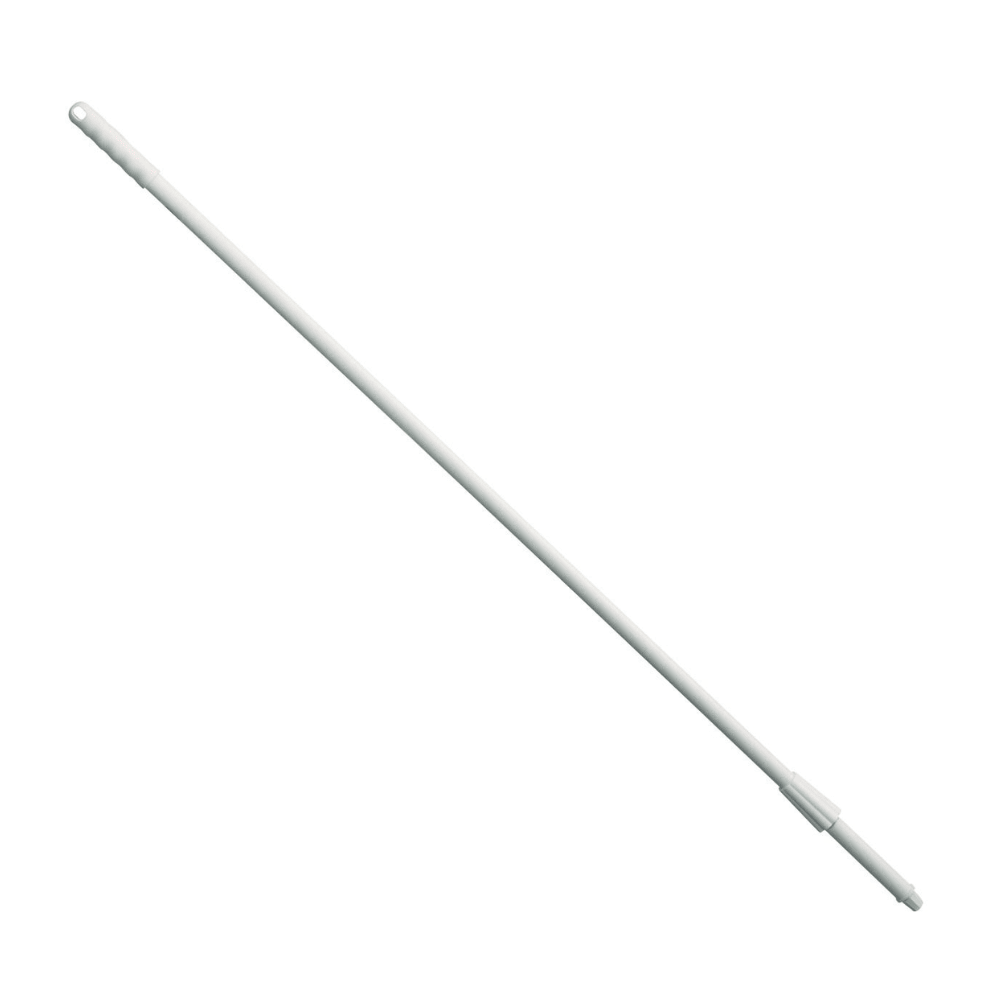 A fiberglass handle from Haug Bürsten KG in white on a plain white background, consisting of two segments and equipped with a hole at one end for hanging or attaching, making it light and ergonomic.