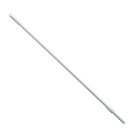 A fiberglass handle from Haug Bürsten KG in white on a plain white background, consisting of two segments and equipped with a hole at one end for hanging or attaching, making it light and ergonomic.