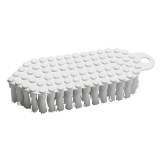 The Haug Flexo-Brush, a white cleaning brush from Haug Bürsten KG, is ideal for professional kitchens. This flexible scrubbing brush features stiff bristles and a flat, textured top. Its oval shape and integrated handle with hanging hole ensure it meets the requirements of the HACCP hygiene standard.