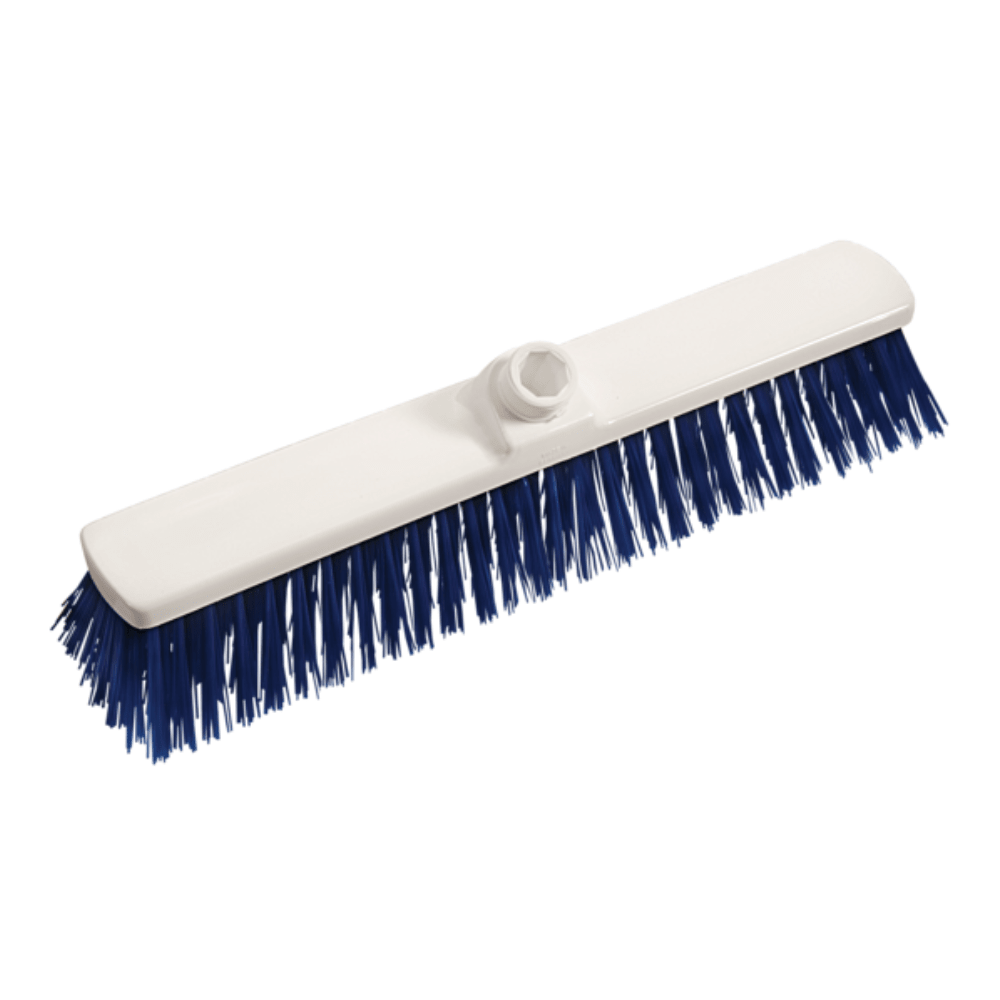 The Haug large area broom PP Blue with stiff blue polypropylene bristles and central handle attachment is depicted on a plain white background. This broom head is ideal for maintaining HACCP hygiene standards for large cleaning tasks.