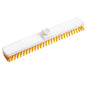 The Haug large area sweeper PBT Hard from Haug Bürsten KG is a white, flat rectangular cleaning brush with stiff yellow PBT Hard bristles and a top socket for handle attachment, designed for professional cleaning. The side view shows the bristle arrangement.